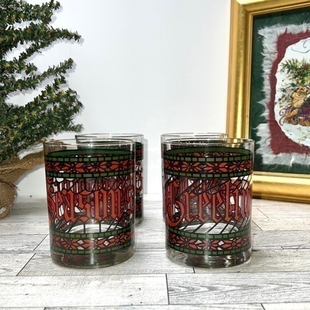 Vintage 1970s Set of Four Houze Signed Seasons Greetings Lowball Glasses